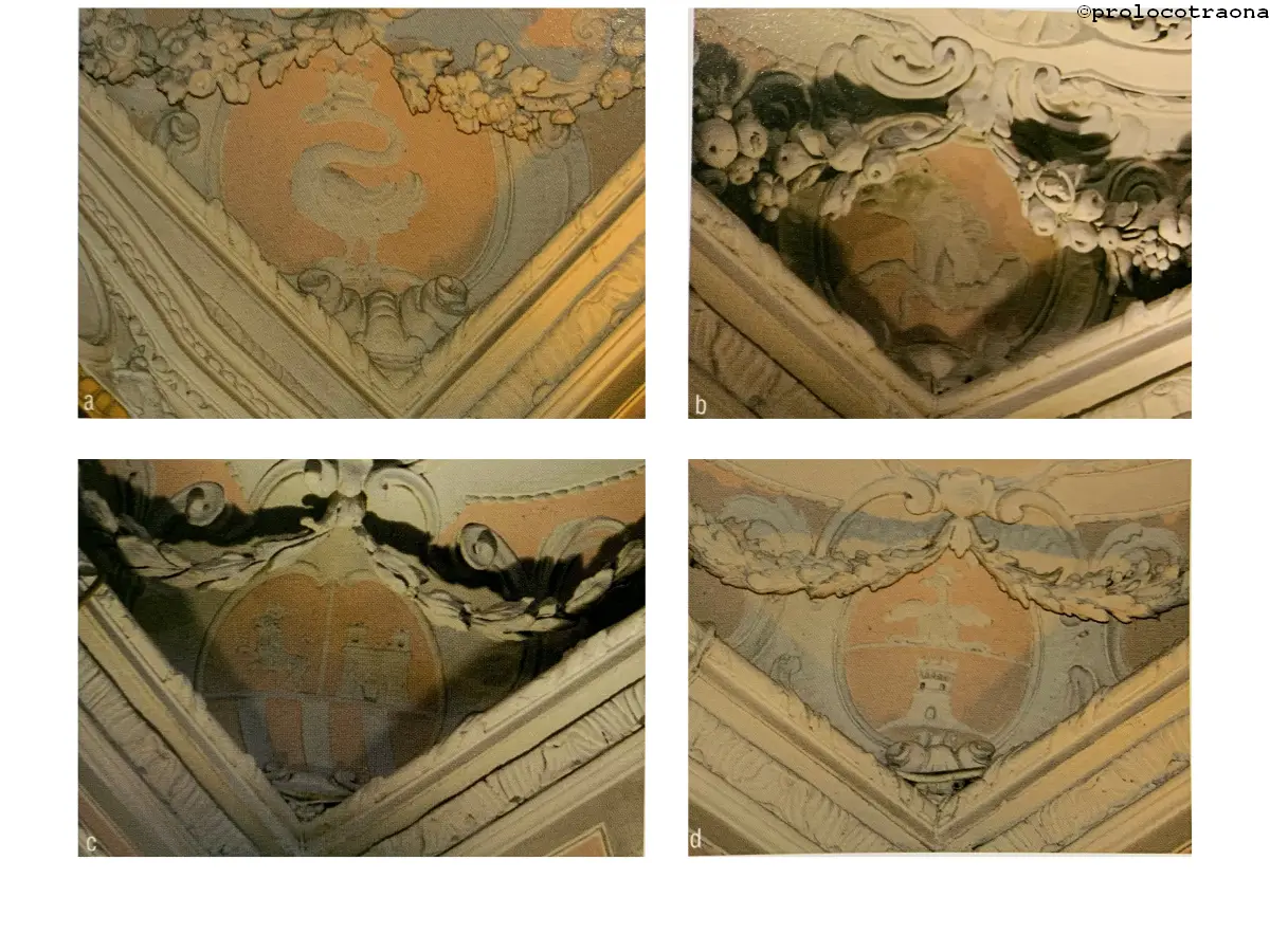 Stemmi dipinti agli angoli del soffitto:  Parravicini (a), un cavallo (b), Malacrida (c), Vertemate (d).